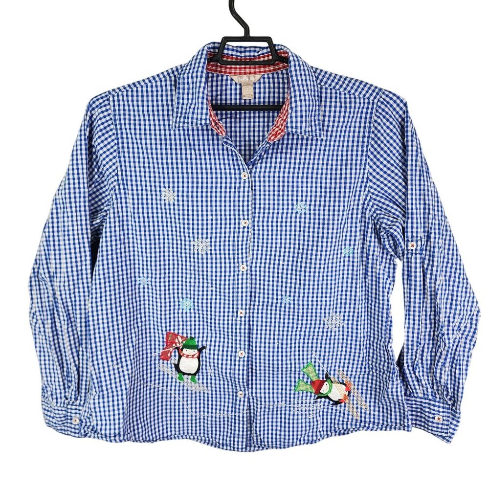 Womens White Stag Blue Gingham Shirt Button Up Penguin Embroidery Size XXL